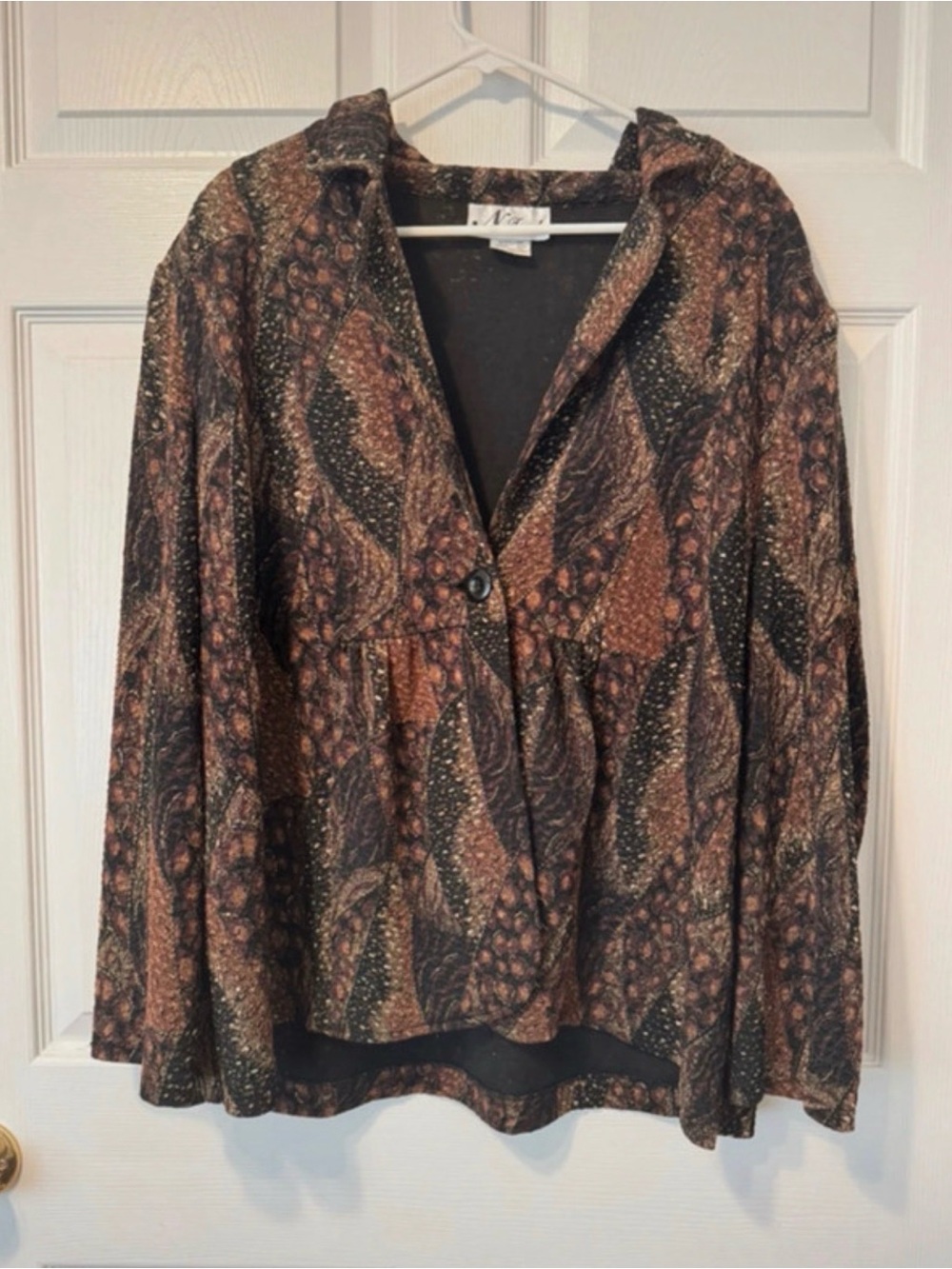 Women’s Printed V-Neck Button-Front Blouse in Brown and Black